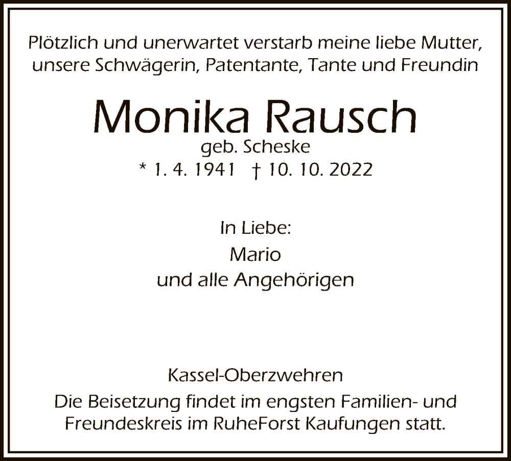  Traueranzeige für Monika Rausch vom 22.10.2022 aus HNA