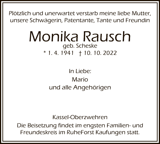 Traueranzeige von Monika Rausch von HNA