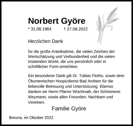 Traueranzeige von Norbert Györe von HNA