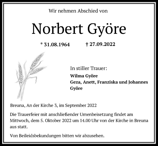 Traueranzeige von Norbert Györe von HNA