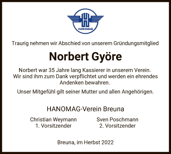 Traueranzeige von Norbert Györe von HNA