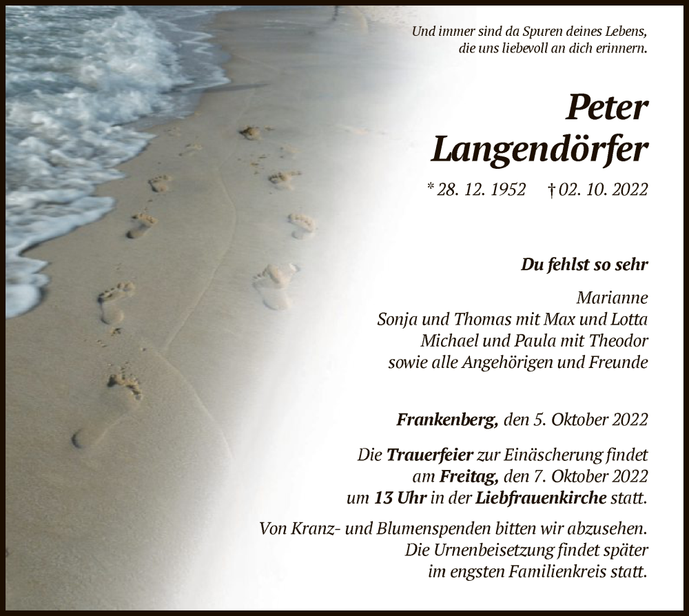 Traueranzeige für Peter Langendörfer vom 05.10.2022 aus HNA