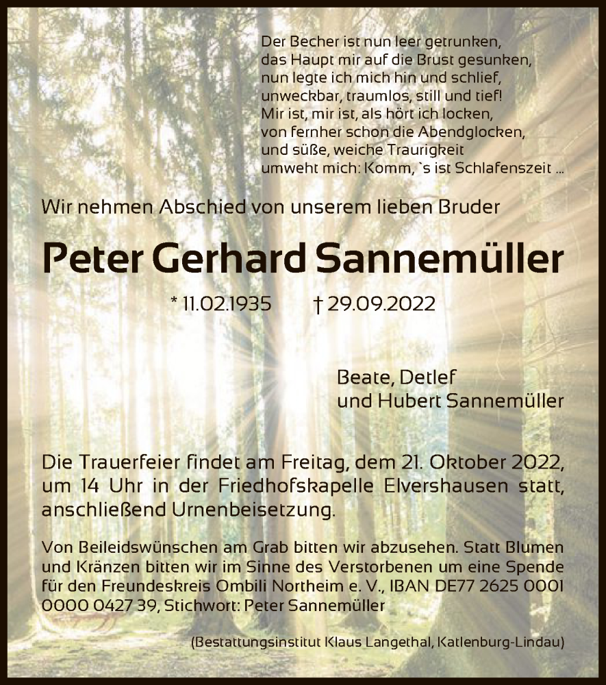  Traueranzeige für Peter Gerhard Sannemüller vom 12.10.2022 aus HNA