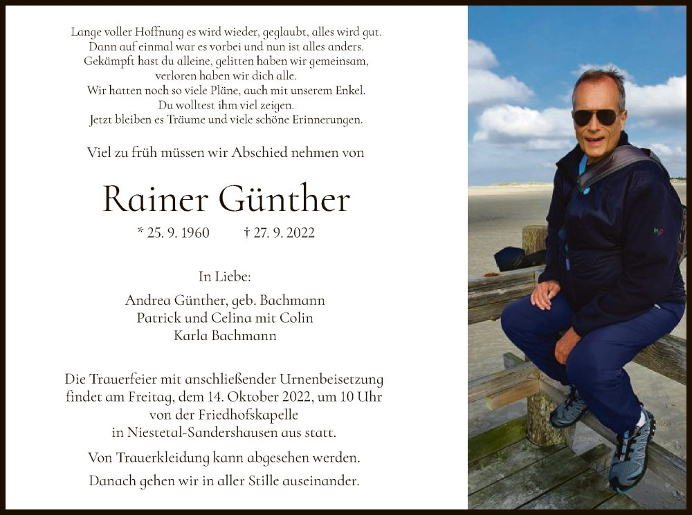  Traueranzeige für Rainer Günther vom 08.10.2022 aus HNA