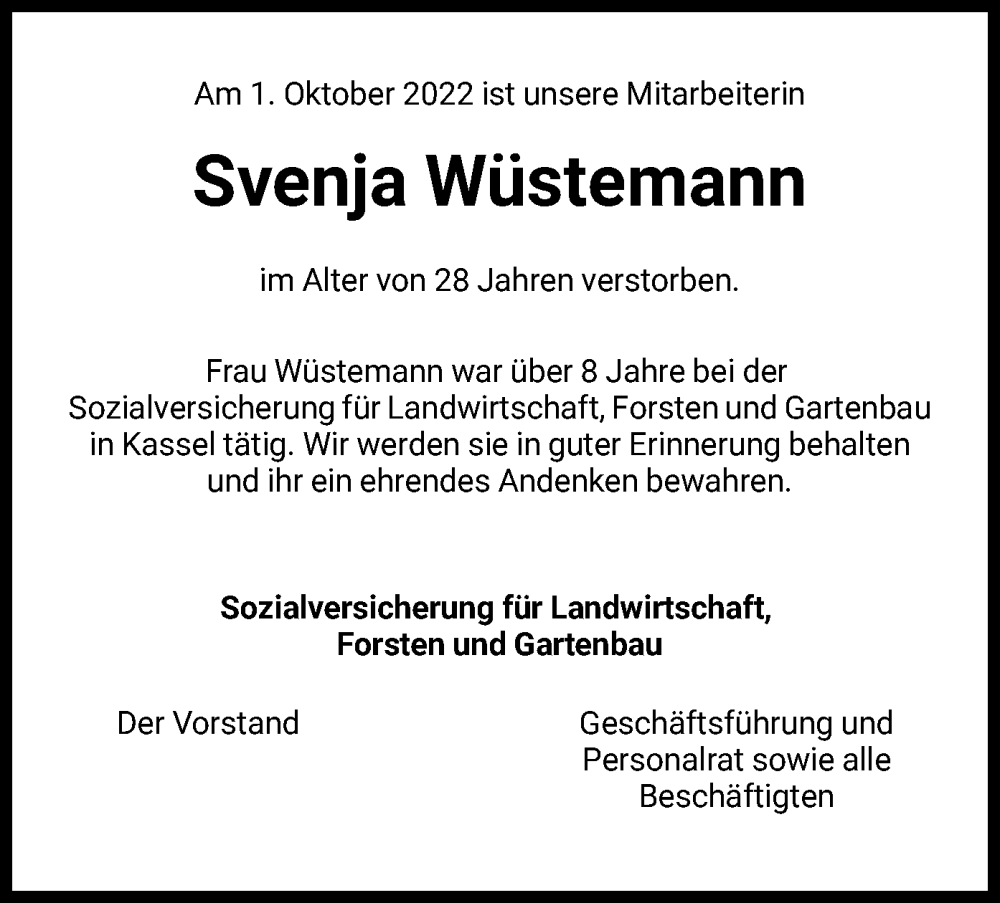  Traueranzeige für Svenja Wüstemann vom 06.10.2022 aus HNA