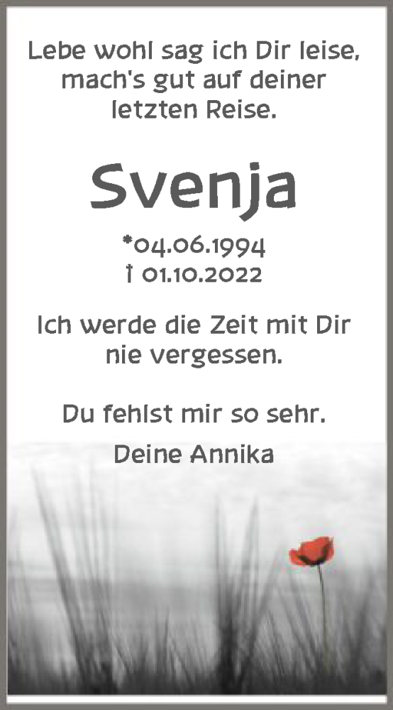  Traueranzeige für Svenja Wüstemann vom 08.10.2022 aus HNA