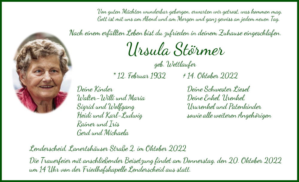  Traueranzeige für Ursula Störmer vom 18.10.2022 aus HNA