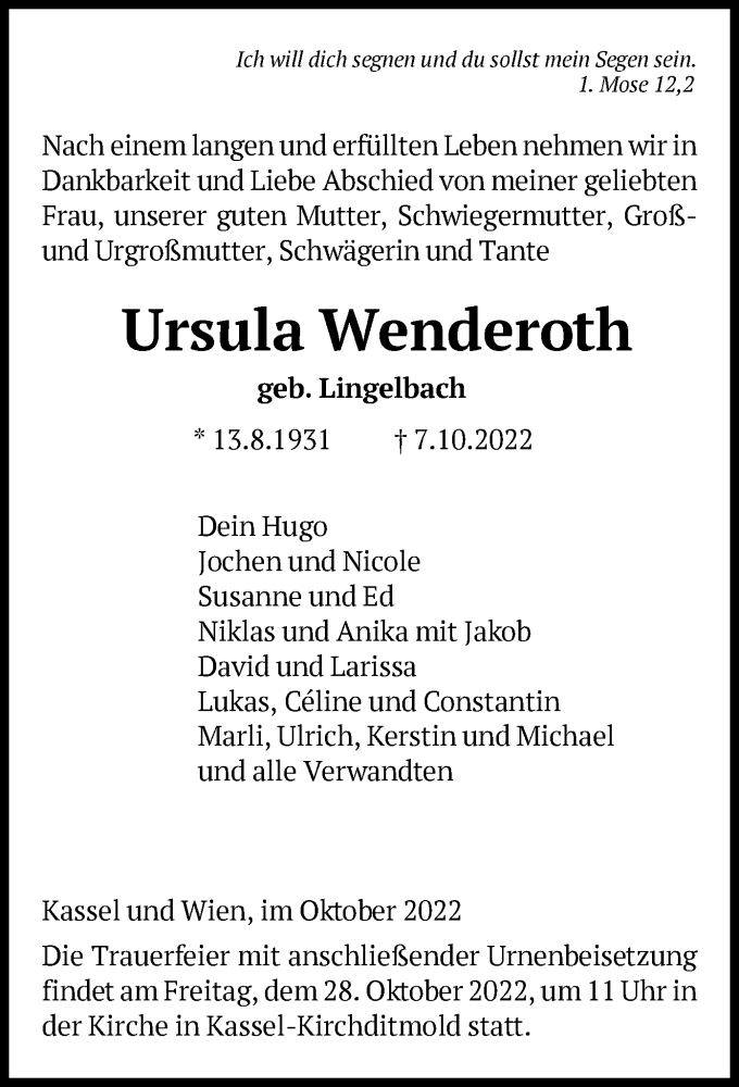  Traueranzeige für Ursula Wenderoth vom 22.10.2022 aus HNA