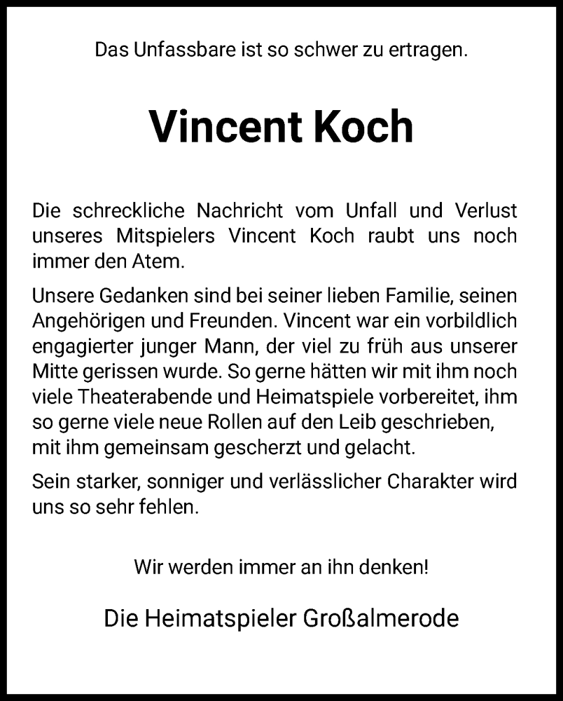  Traueranzeige für Vincent Koch vom 22.10.2022 aus HNA