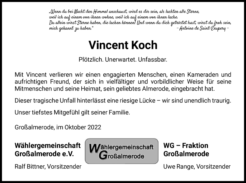  Traueranzeige für Vincent Koch vom 22.10.2022 aus HNA