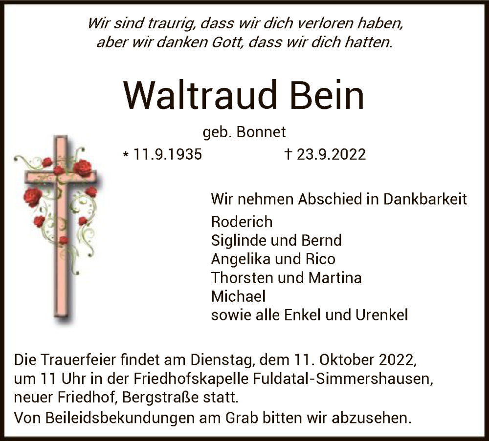  Traueranzeige für Waltraud Bein vom 08.10.2022 aus HNA