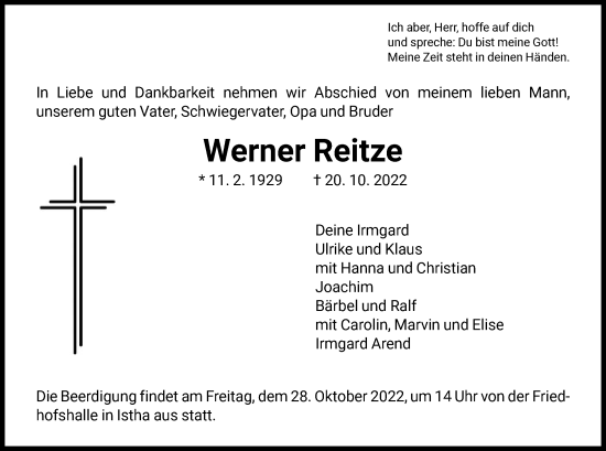 Traueranzeige von Werner Reitze von HNA