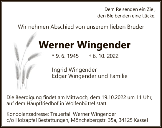 Traueranzeige von Werner Wingender von HNA