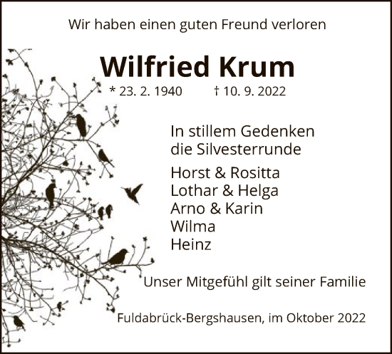 Traueranzeige von Wildried Krum von HNA