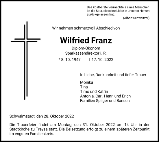 Traueranzeige von Wilfried Franz von HNA