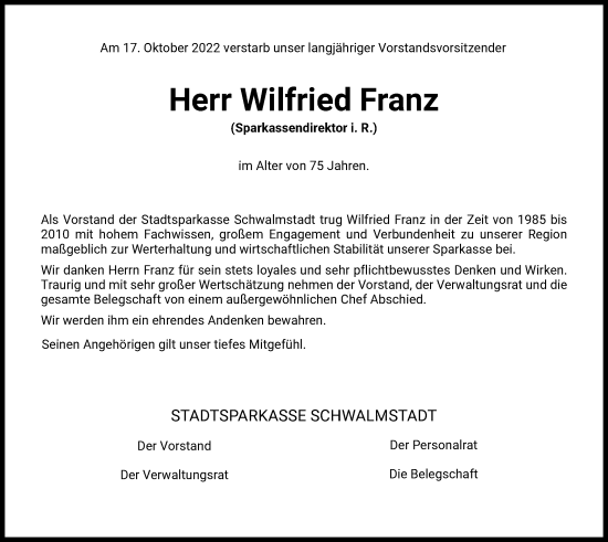 Traueranzeige von Wilfried Franz von HNA