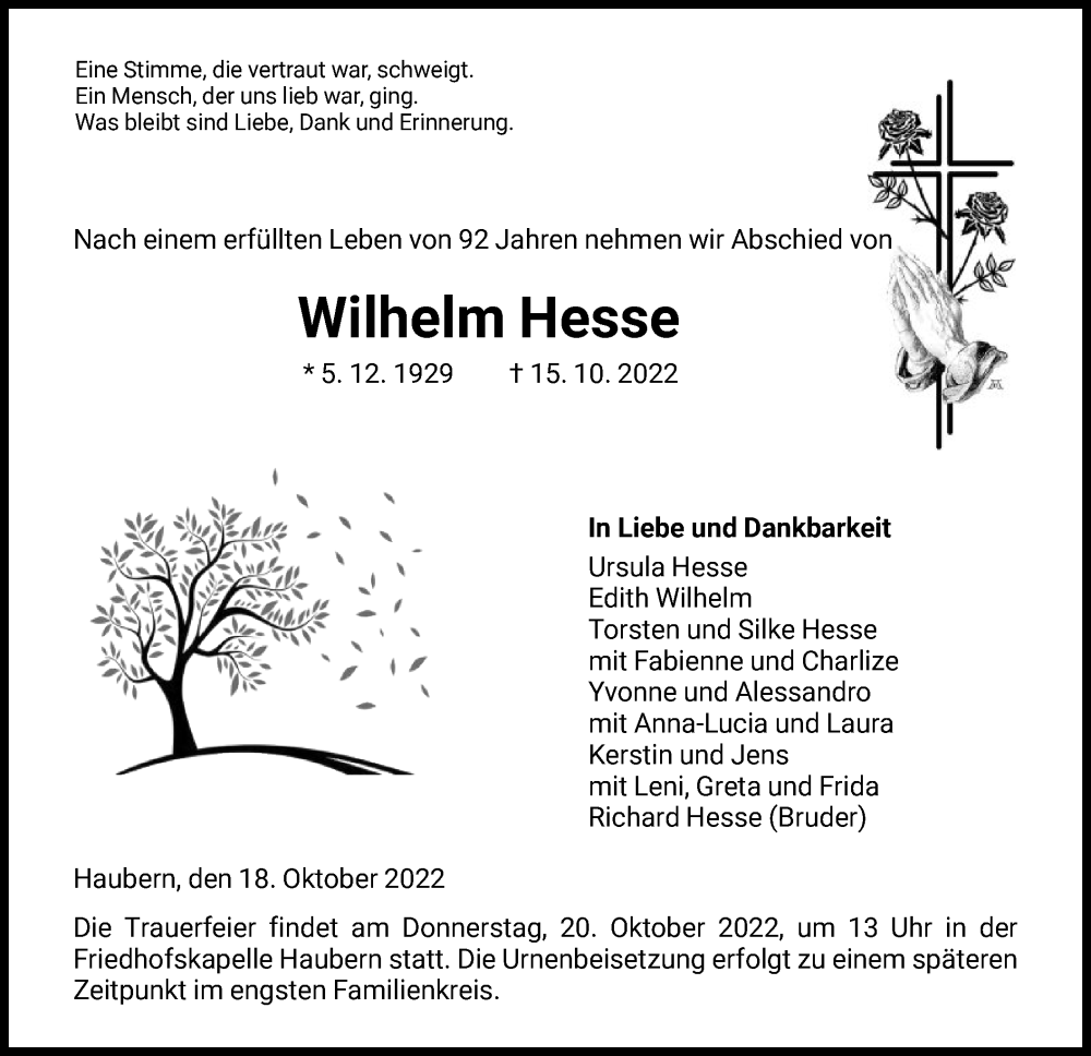  Traueranzeige für Wilhelm Hesse vom 18.10.2022 aus HNA