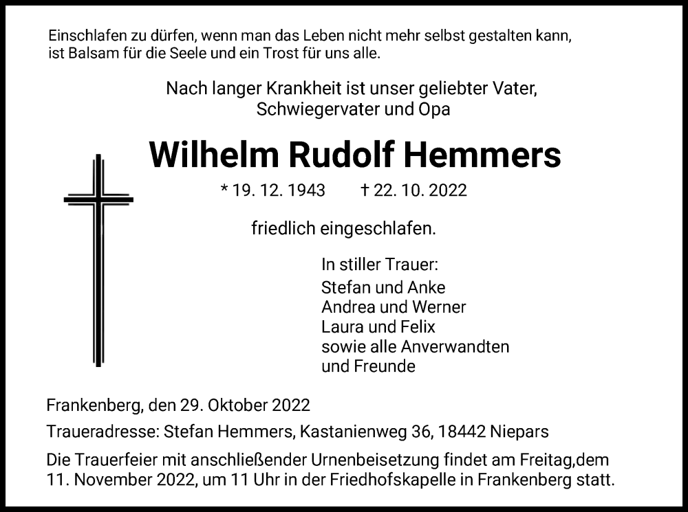  Traueranzeige für Wilhelm Rudolf Hemmers vom 29.10.2022 aus HNA