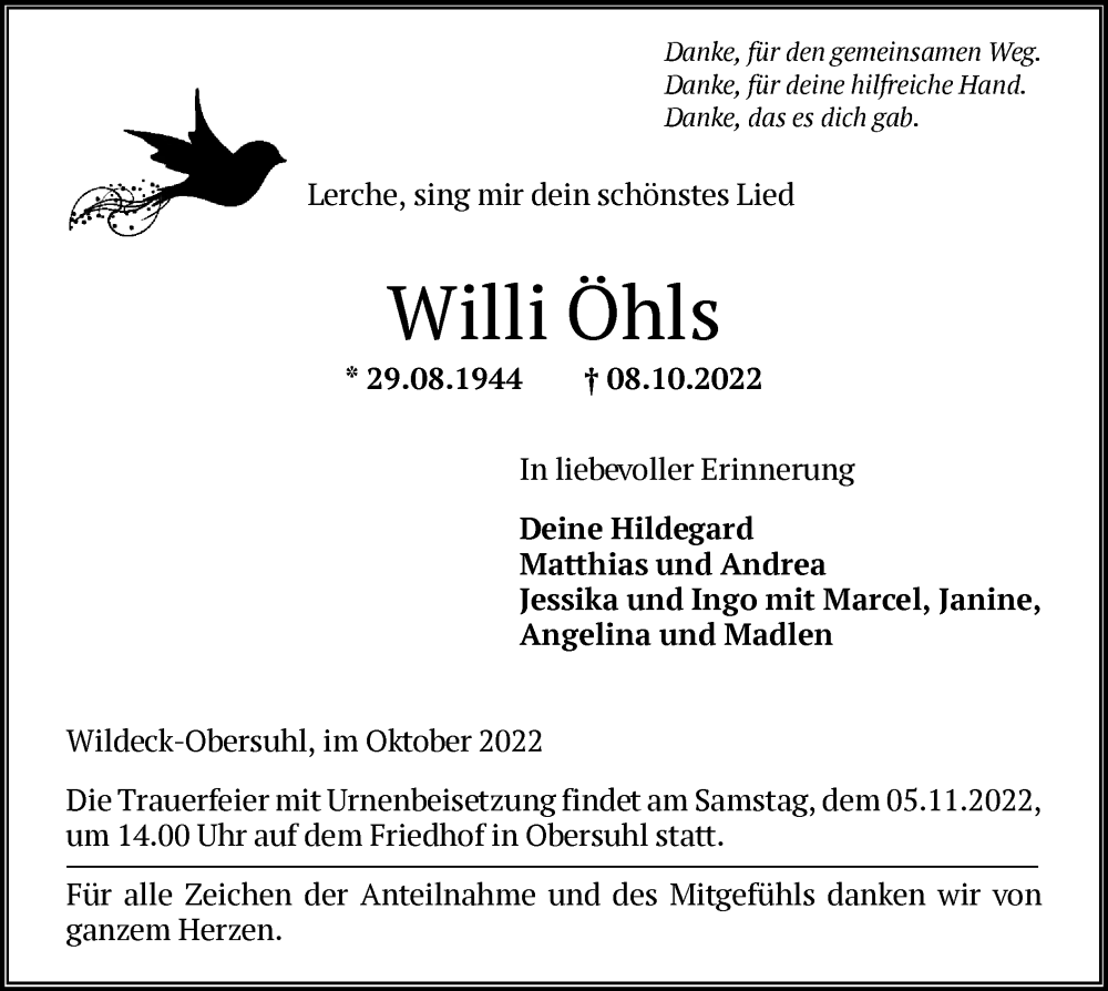  Traueranzeige für Willi Öhls vom 29.10.2022 aus HNA