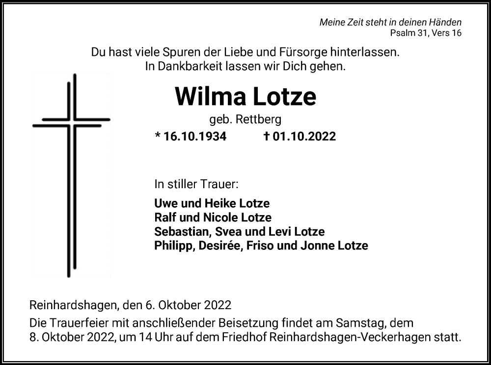  Traueranzeige für Wilma Lotze vom 06.10.2022 aus HNA