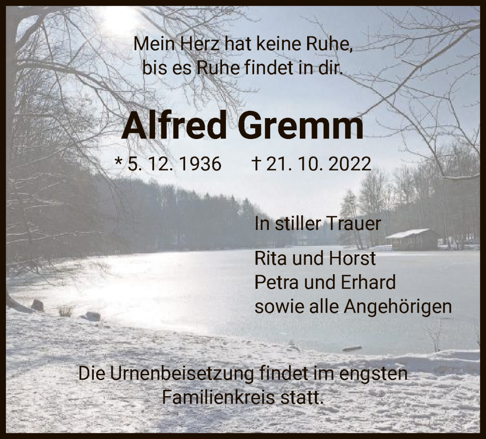  Traueranzeige für Alfred Gremm vom 05.11.2022 aus HNA