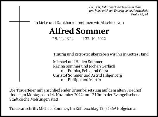 Traueranzeige von Alfred Sommer von HNA