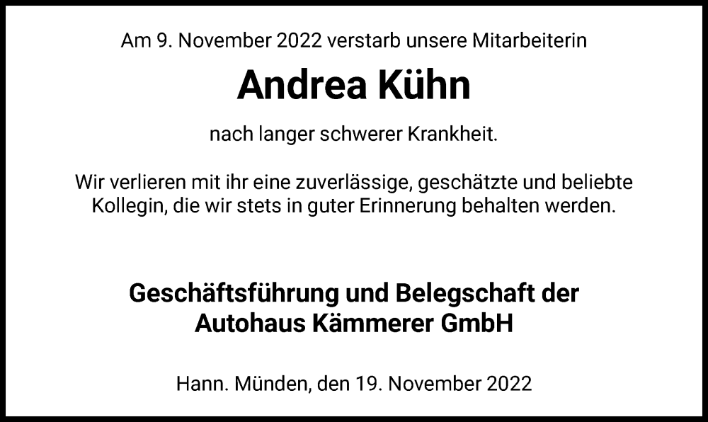  Traueranzeige für Andrea Kühn vom 19.11.2022 aus HNA