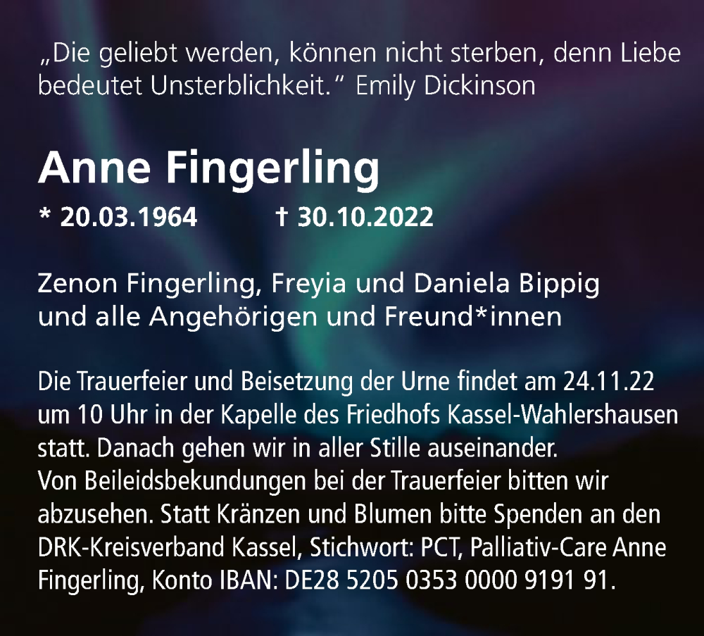  Traueranzeige für Anne Fingerling vom 19.11.2022 aus HNA