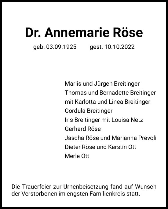 Traueranzeige von Annemarie Röse von HNA