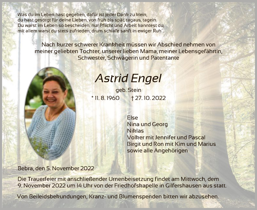  Traueranzeige für Astrid Engel vom 05.11.2022 aus HNA