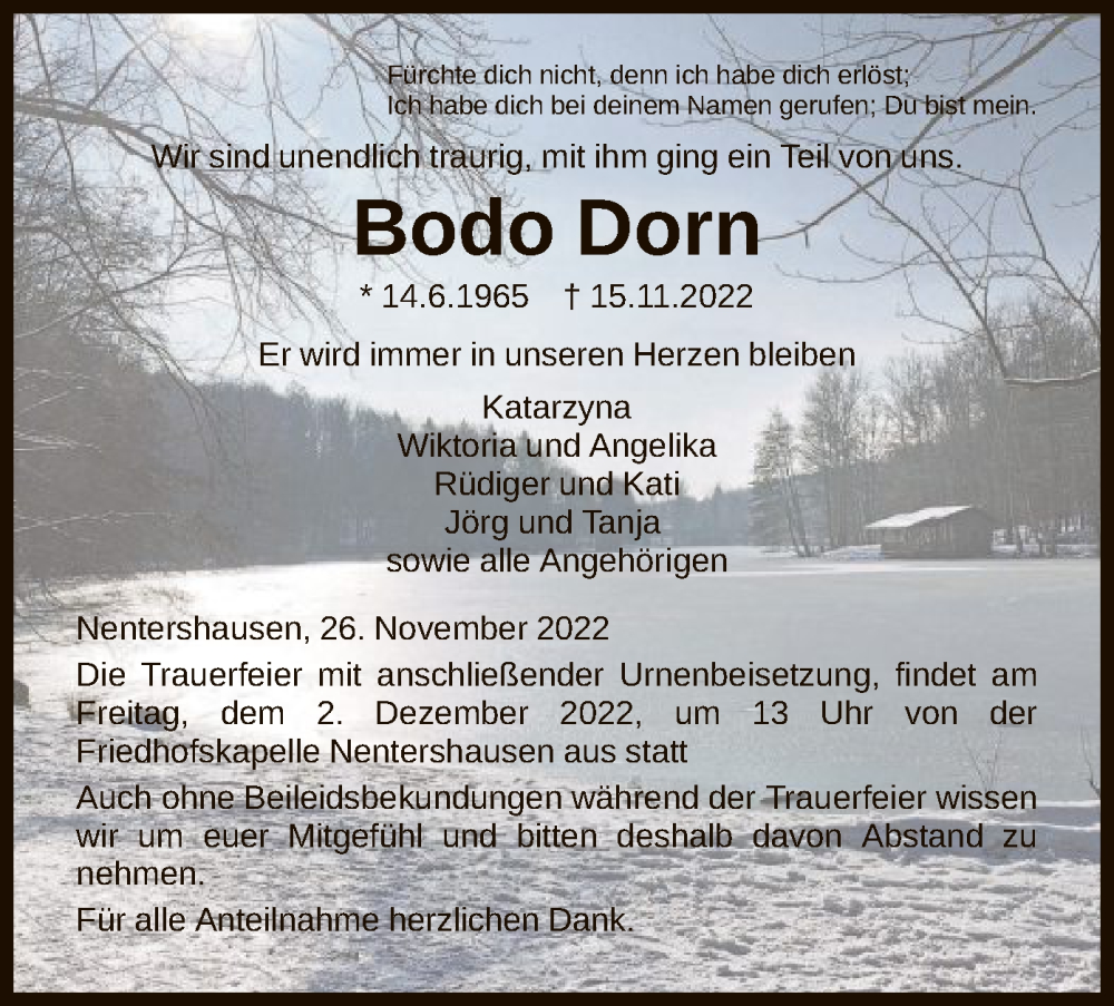  Traueranzeige für Bodo Dorn vom 26.11.2022 aus HNA