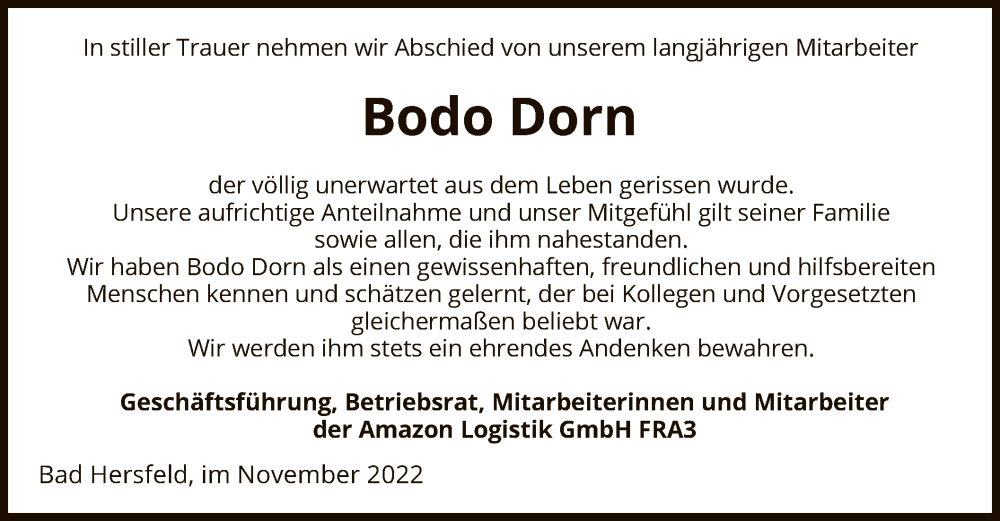  Traueranzeige für Bodo Dorn vom 30.11.2022 aus HZ