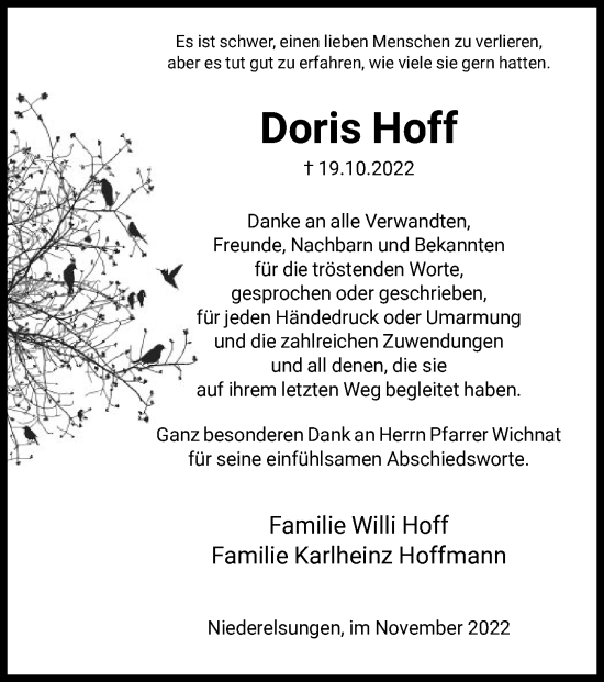 Traueranzeige von Doris Hoff von HNA