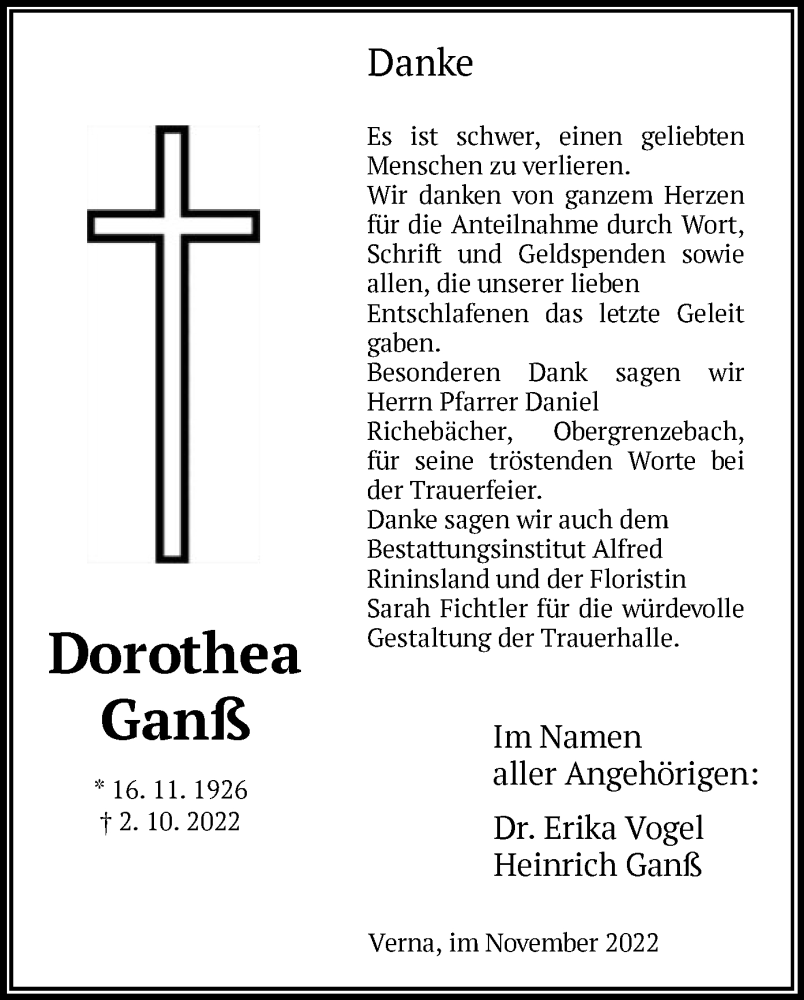  Traueranzeige für Dorothea Ganß vom 05.11.2022 aus HNA