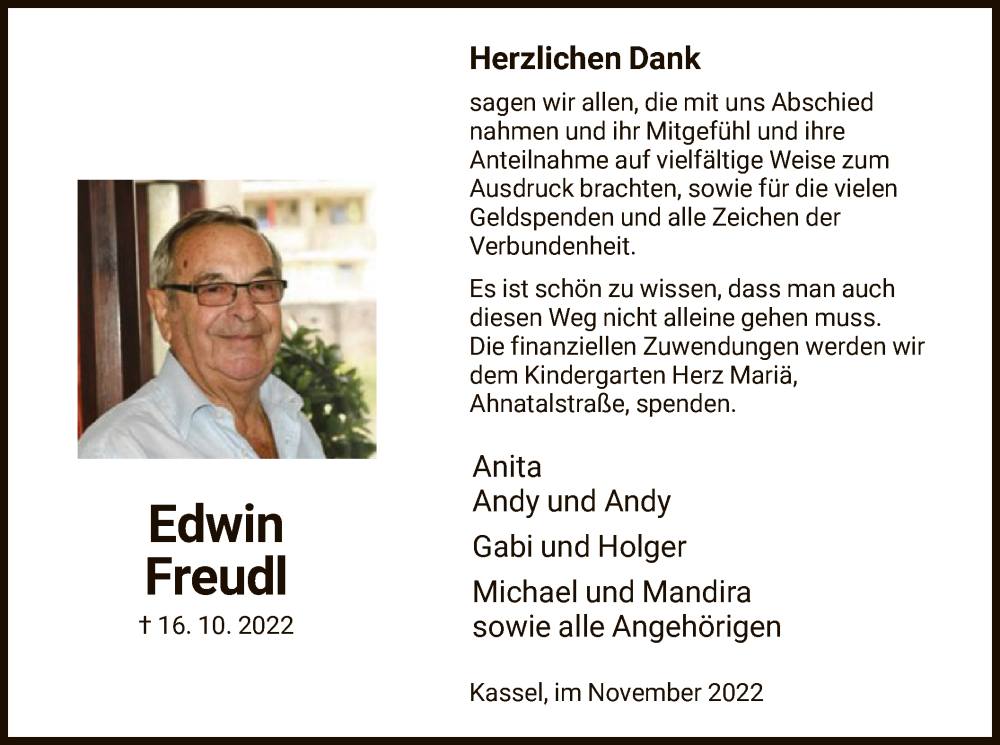  Traueranzeige für Edwin Freudl vom 12.11.2022 aus HNA