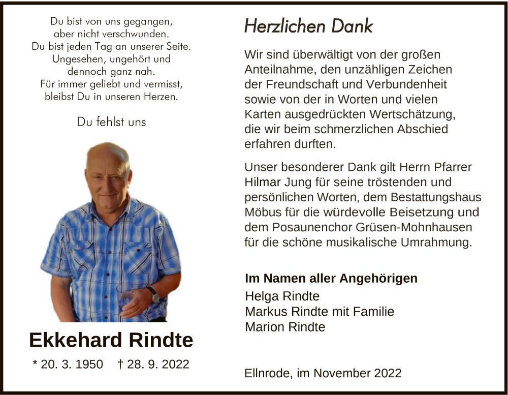  Traueranzeige für Ekkehard Rindte vom 26.11.2022 aus HNA