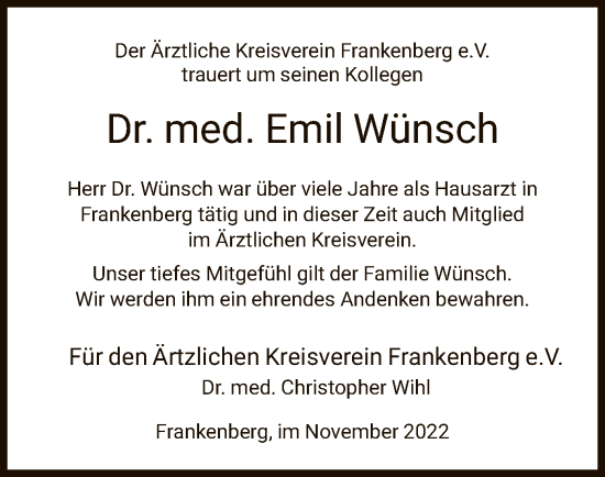 Traueranzeige von Emil Wünsch von HNA