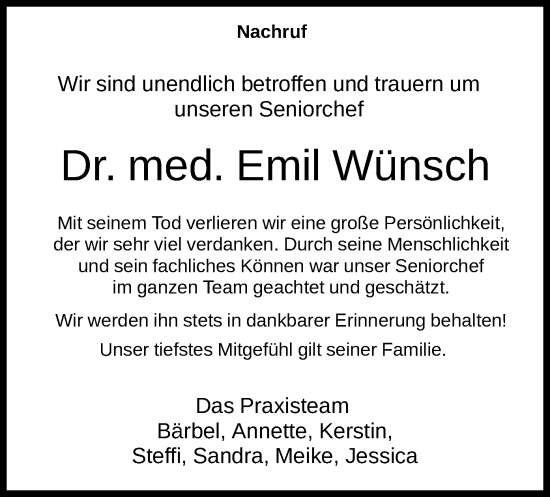 Traueranzeige von Emil Wünsch von HNA