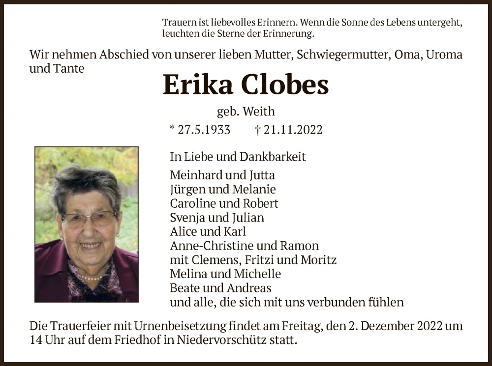  Traueranzeige für Erika Clobes vom 26.11.2022 aus HNA