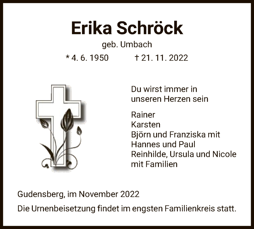  Traueranzeige für Erika Schröck vom 26.11.2022 aus HNA