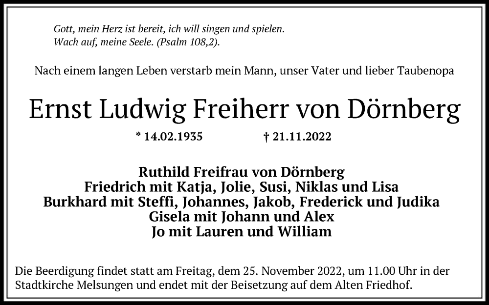  Traueranzeige für Ernst Ludwig Freiherr von Dörnberg vom 24.11.2022 aus HNA