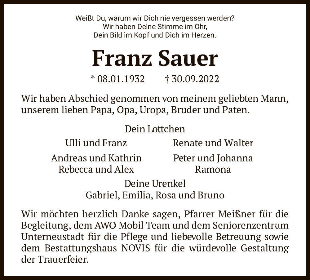  Traueranzeige für Franz Sauer vom 12.11.2022 aus HNA