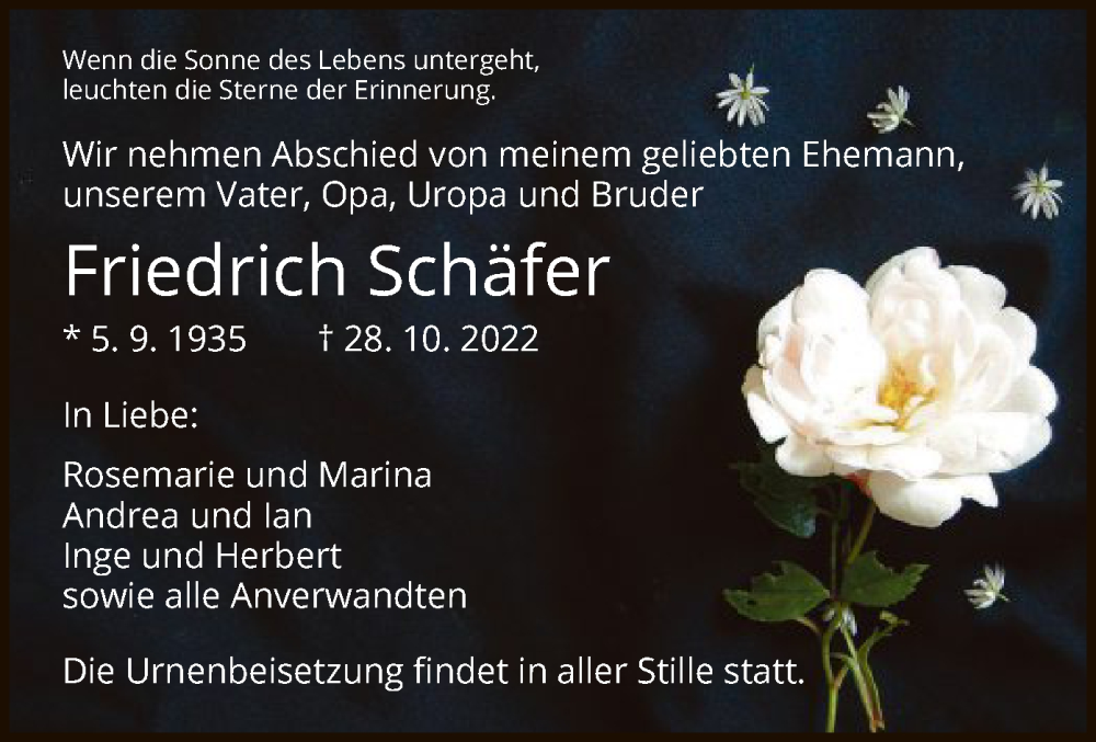  Traueranzeige für Friedrich Schäfer vom 05.11.2022 aus HNA