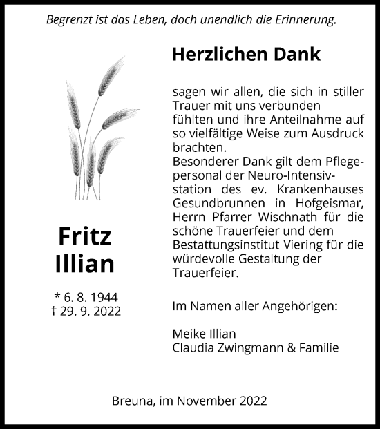 Traueranzeige von Fritz Illian von HNA