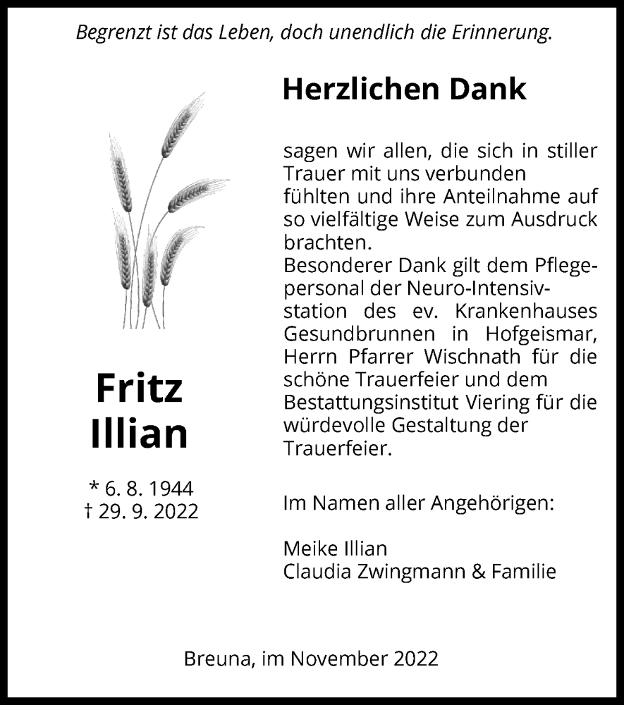  Traueranzeige für Fritz Illian vom 16.11.2022 aus HNA
