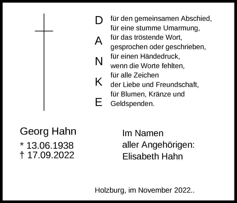  Traueranzeige für Georg Hahn vom 05.11.2022 aus HNA
