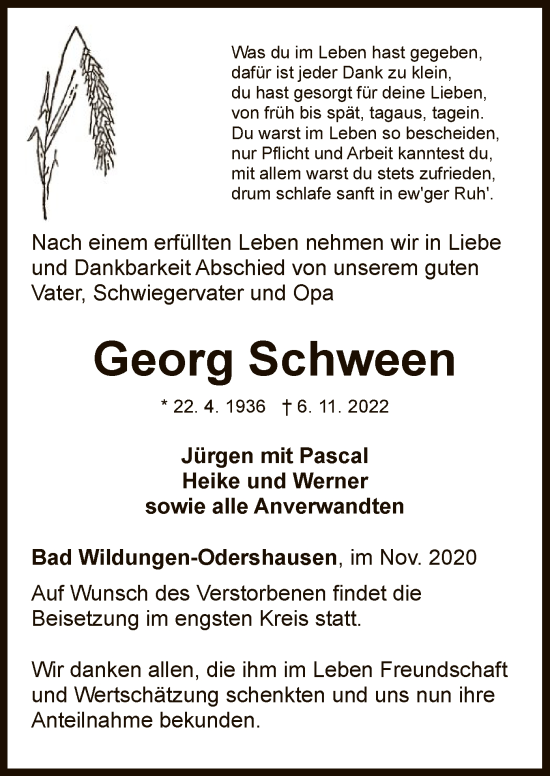 Traueranzeige von Georg Schween von WLZ