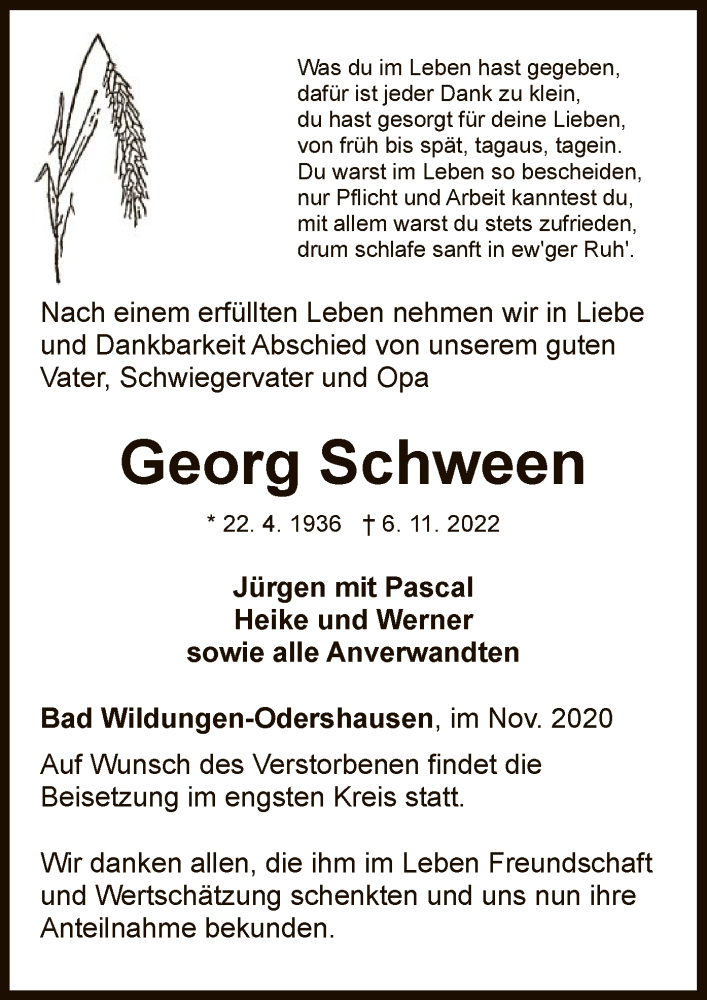  Traueranzeige für Georg Schween vom 09.11.2022 aus WLZ