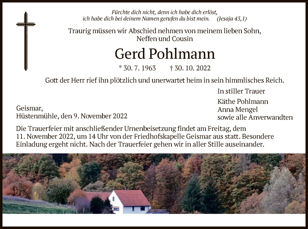 Traueranzeige für Gerd Pohlmann vom 09.11.2022 aus HNA