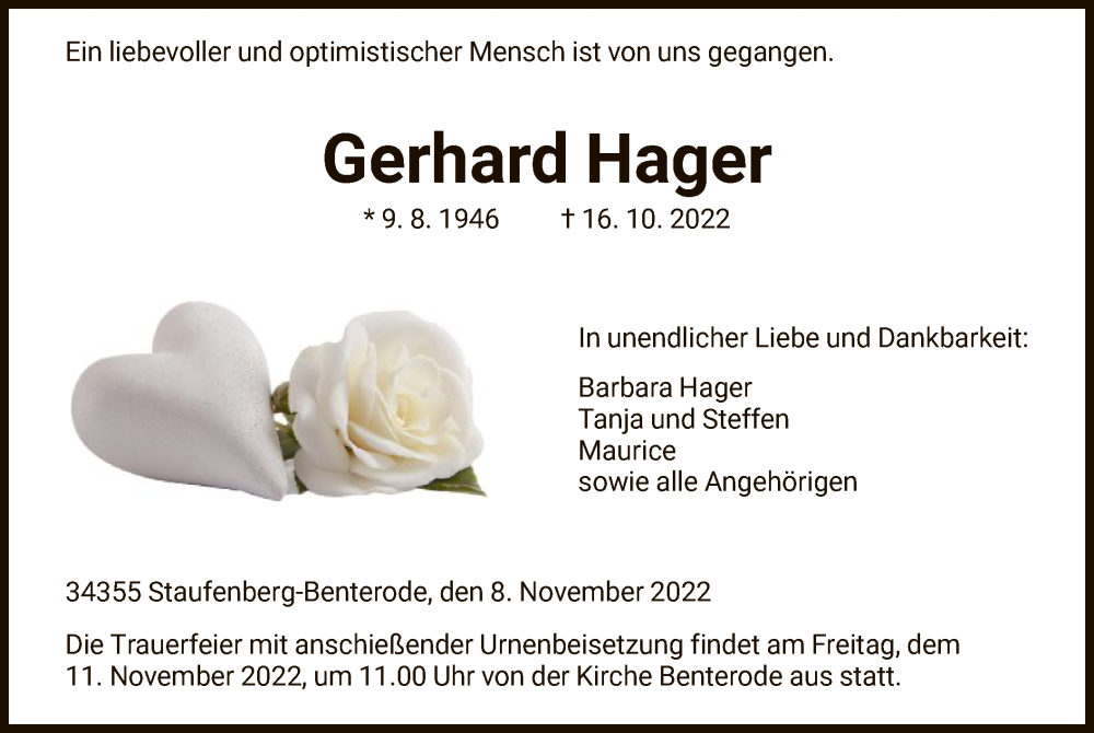  Traueranzeige für Gerhard Hager vom 08.11.2022 aus HNA